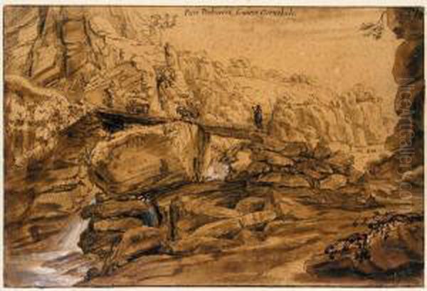 View Of A Waterfall In A Mountainous Landscape, With A Farmer Herding Goats And A Cow Across A Bridge Oil Painting by Michiel Van Overbeek