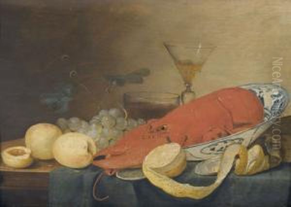 Stillleben Mit Hummer Und Fruchten. Oil Painting by Pieter Van Overschie