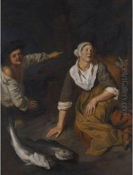 A Fishwife And Boy With Their Catch Oil Painting by Jan Van Pee