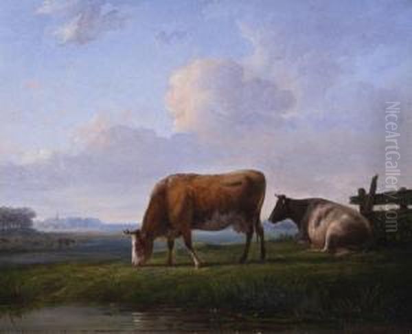 Grazing Cattle In A Polder Landscape Oil Painting by Reinier Van Persijn