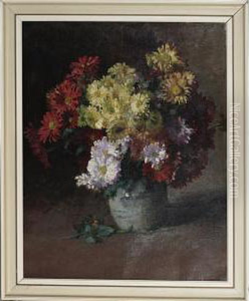 Still Life Of Chrysanthemums In A Pottery Vase Oil Painting by Christina Rudolfine Van Pesch