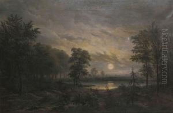 Rivierlandschap Bij Maanlicht Oil Painting by Adan Van Peurse