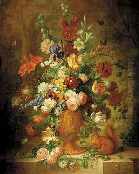 Spring Flowers In Urn With Squirrel And Snail Oil Painting by J. Van Pielier