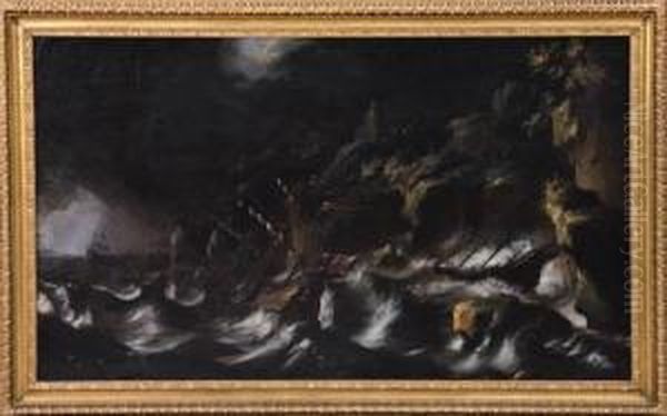 Marina In Tempesta Con Galeoni Oil Painting by Matthieu Van Plattenberg