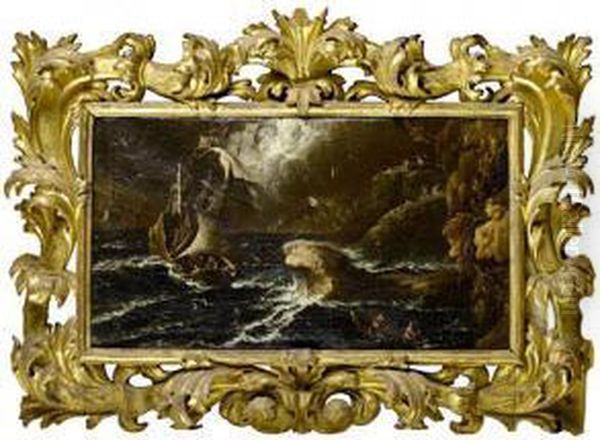 Shipping Foundering In Stormy Seas Off A Rocky Coastline Oil Painting by Matthieu Van Plattenberg