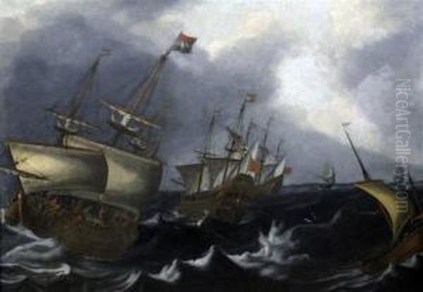 Shipping In Rough Seas Oil Painting by Matthieu Van Plattenberg