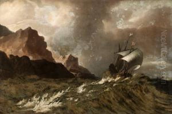 Hans Krets Hollandskflaggat Skepp I Storm Oil Painting by Matthieu Van Plattenberg