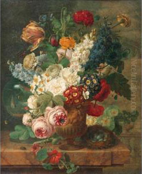 Nature Morte Au Vase De Fleurs, Bocal De Poissons Et Nid D'oiseausur Un Entablement Oil Painting by Christiaan van Pol