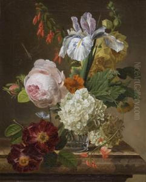 Bouquet De Fleurs Dans Un Vase En Verre Sur Un Entablement De Marbre Oil Painting by Christiaan van Pol