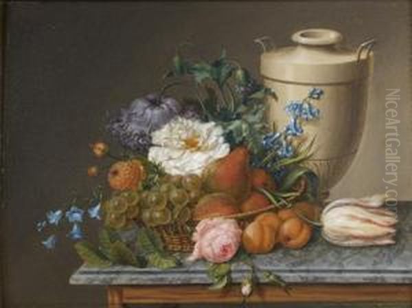 Nature Morte Au Panier De Fleurs Et De Fruits Pres D'un Vase Neo-grec Sur Un Entablement Oil Painting by Christiaan van Pol