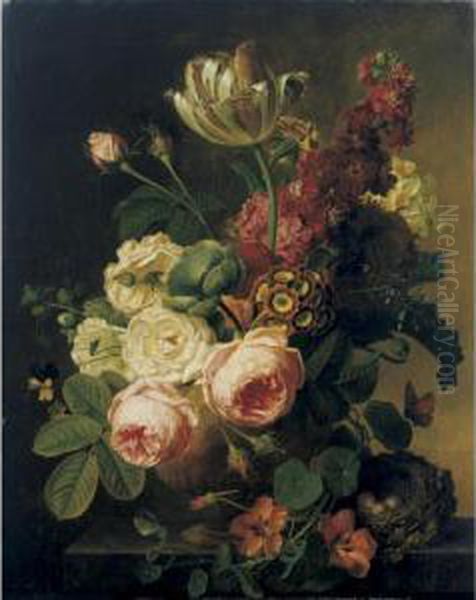 Still Life With A Vase Of Flowers And A Bird Nest On A Ledge Oil Painting by Christiaan van Pol