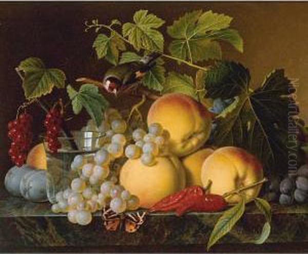 Still Life Of Peaches, Grapes, Plums, Peppers, And A Glass Of Water All Resting On A Marble Ledge Oil Painting by Christiaan van Pol