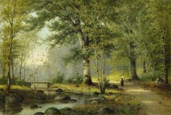 Schattiger Waldbach Mit Holzbrucke Oil Painting by Jacobus Johannes Van Poorten