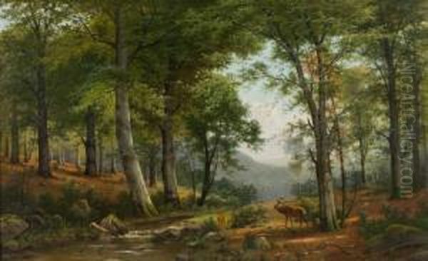 Hirsch Mit Reh Am Waldbach Oil Painting by Jacobus Johannes Van Poorten