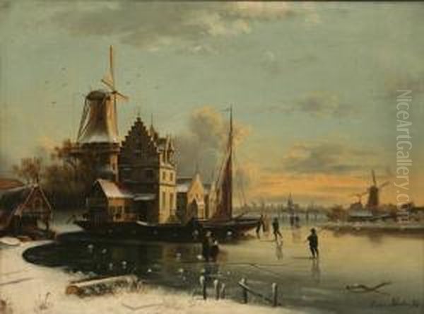 Estuary Scene, Winter
And 
Moonlight Oil Painting by Jacobus Johannes Van Poorten