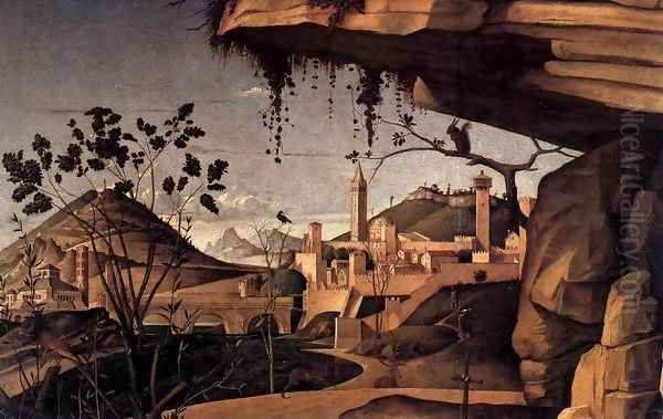 St Jerome Reading in the Countryside (detail) Oil Painting by Giovanni Bellini