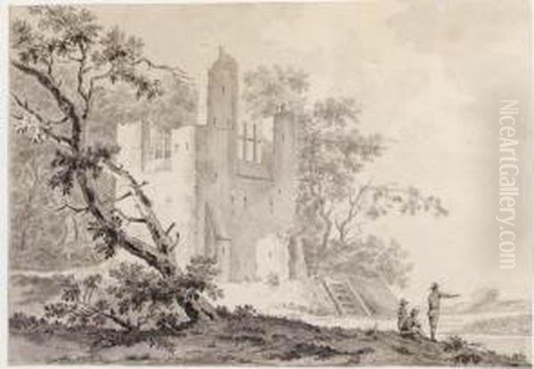 A Ruined Castle With Three Figures In The Foreground Oil Painting by Jacobus Johanna Van Porten