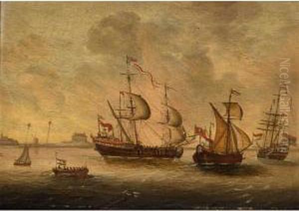 English Ships Near The Coast Oil Painting by Pieter Van Portengen