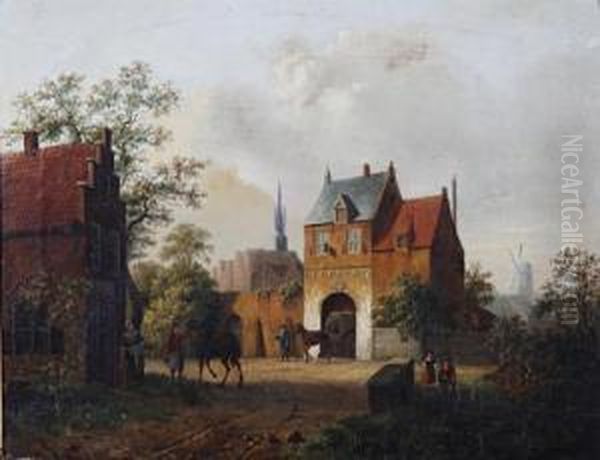 Horses At The Entrance Of A Town Oil Painting by Alexander Salomon Van Praag