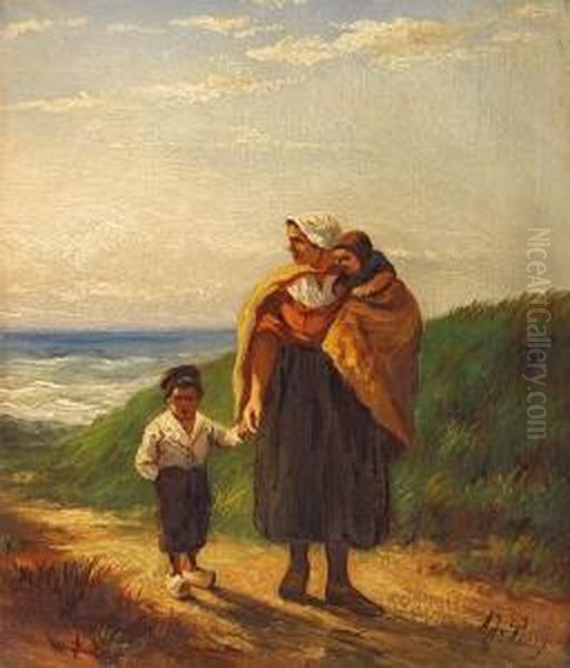 Fischerfrau Mit Kindern Am Strand Oil Painting by Albert Jurardus van Prooijen