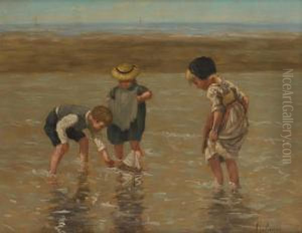 Les Jeuxd'enfants A La Mer Oil Painting by Albert Jurardus van Prooijen