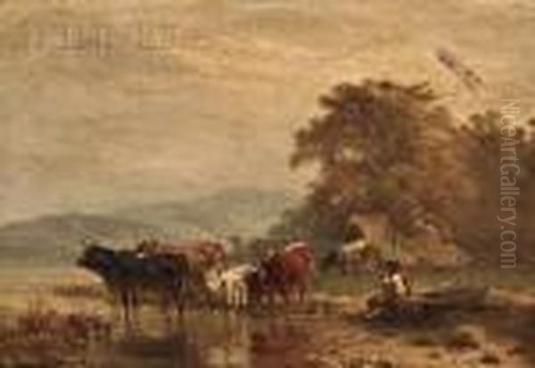 View Of A Figure With Cattle At A Pond Oil Painting by Albert Jurardus van Prooijen