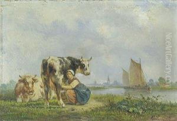 Maiden Milking A Cow Oil Painting by Albert Jurardus van Prooijen