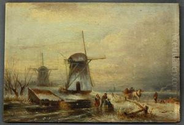 Figures Enjoying The Winter Weather Oil Painting by Albert Jurardus van Prooijen