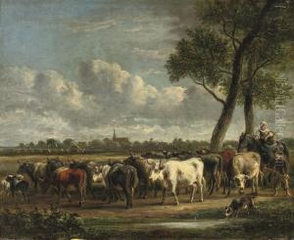 Rounding Up The Cattle Oil Painting by Jan Van Ravenswaaij