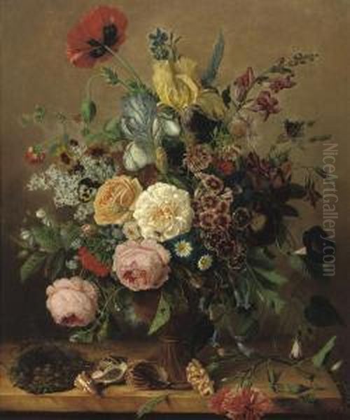 Roses, Peonies, Delphinium And Various Other Flowers In A Vase,together With Shells And A Birds Nest, All On A Stone Ledge Oil Painting by Adriana Van Ravenswaay