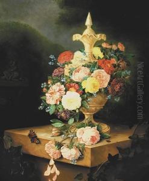 A Still Life With Roses, Carnations, Forget-me-nots And Other Flowers On A Ledge With A Butterfly And Other Insects Oil Painting by Adriana Van Ravenswaay