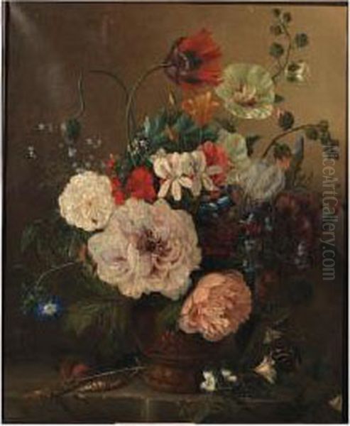 A Flower Still Life With Peonies, Tulips, Violets, Morningglory Andforget-me-nots Oil Painting by Adriana Van Ravenswaay