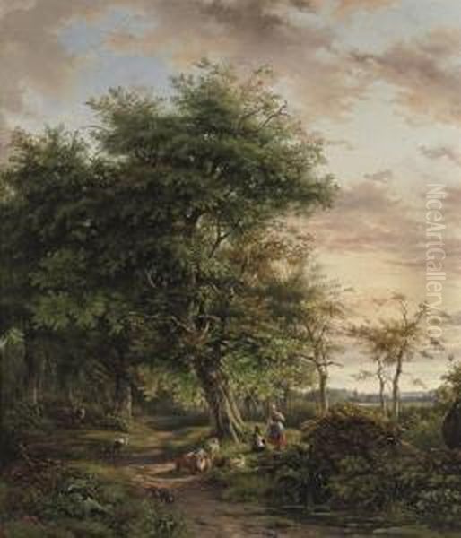 A Sheperd Couple Resting Under A Tree Oil Painting by Jan Gijsb. Van Ravenswaay