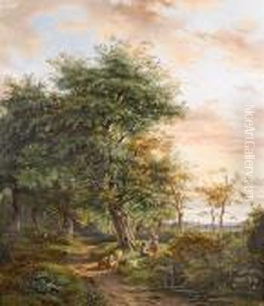 Travellers At Rest In A Wooded Landscape Oil Painting by Jan Gijsb. Van Ravenswaay