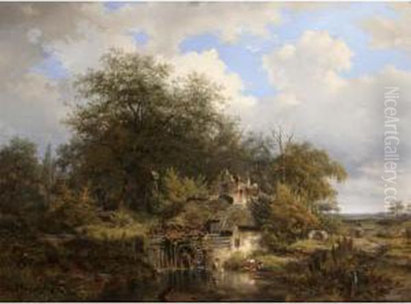 A Homestead With A Waterwheel On The Boundaries Of A Forest Oil Painting by Jan Gijsb. Van Ravenswaay