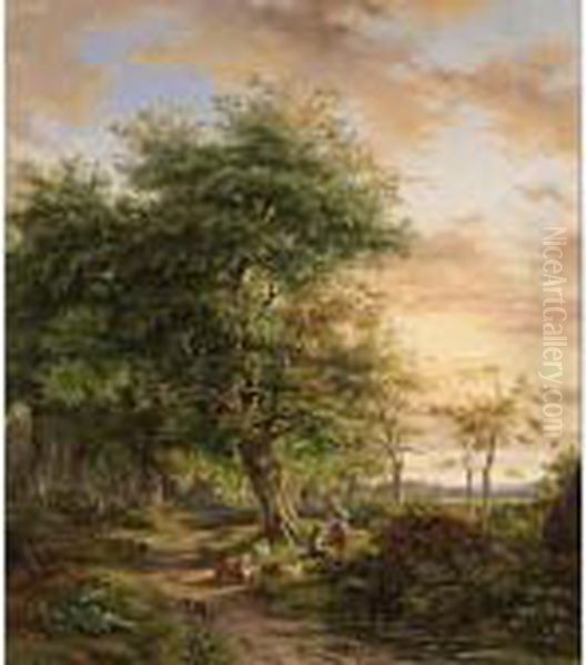 Travellers On A Path In A Wooded Landscape Oil Painting by Jan Gijsb. Van Ravenswaay