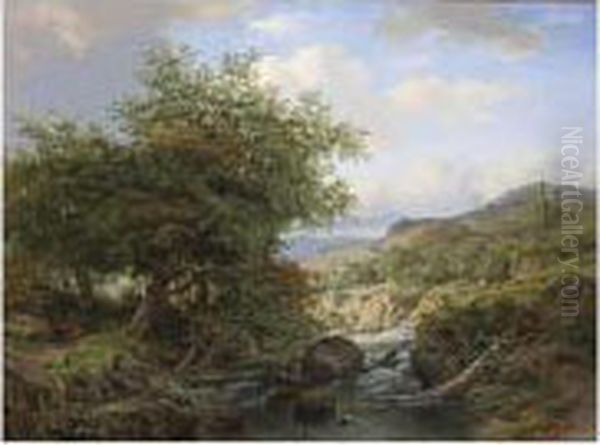 Shepherds By A Stream In A Rocky Landscape Oil Painting by Jan Gijsb. Van Ravenswaay