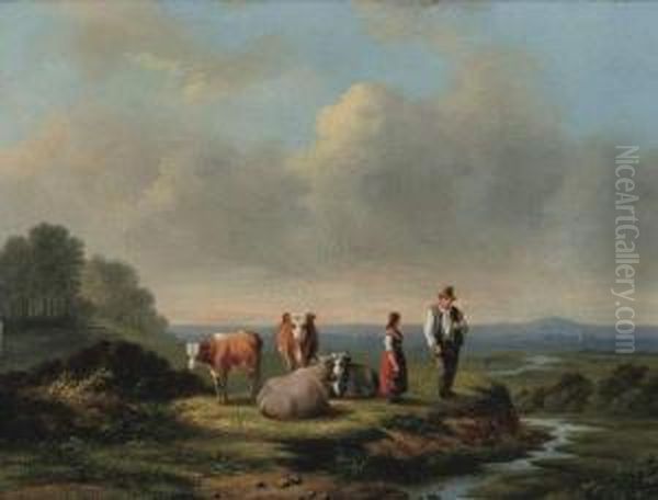 Landschap Met Koeien En Hoeder Oil Painting by Jan Van Ravensway