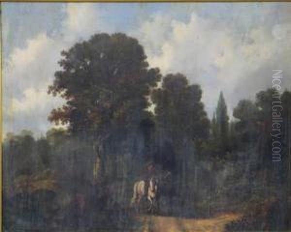 Herrschaftlicher Reiter Mit Rappen Und Schimmel In Waldlichtung Oil Painting by Jan Van Ravenswaay