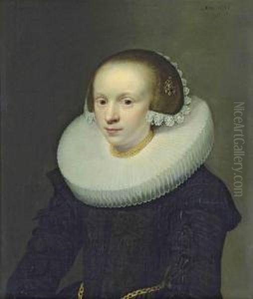 Portrait Of A Lady, Half-length, In A Black Dress With A Ruff, Gold Chains Around Her Neck And Waist, Oil Painting by Jan Anthonisz Van Ravesteyn