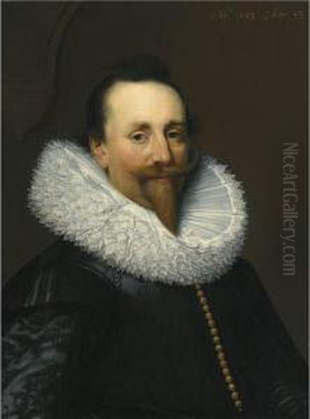 Portrait Of A Gentleman, Head And Shoulders, Wearing A Black Shirtand White Ruff Oil Painting by Jan Anthonisz Van Ravesteyn