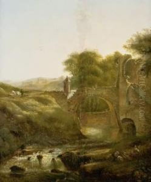 Paysage Anime Au Pont Oil Painting by Petrus Johann Van Regemorter