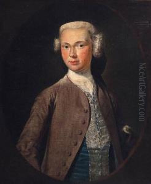 Portrait Of Archibald Kennedy, Half-length, In A Brown Coat, Blueembroidered Waistcoat And White Stock, A Tricorn Under His Arm,feigned Oval Oil Painting by Petrus Johannes Van Reyschoot