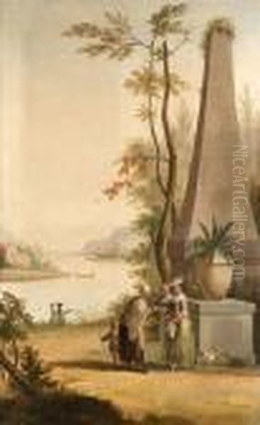 A Fortune Teller And Other Figures In Extensive Riverlandscapes Oil Painting by Petrus Norbertus Van Reysschoot