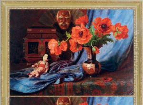 Still Life With Poppies In A Vase And A Porcelain Doll Oil Painting by Edward Van Rijswijck