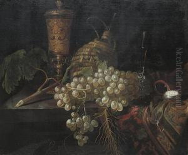 An Elaborately Decorated Vase, A Pocket Watch, Grapes, A Carafe And A Glass Cup On A Partially Draped Table Oil Painting by Pieter Gerritsz. van Roestraten