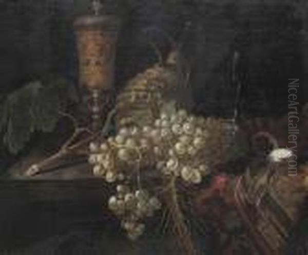 An Elaborately Decorated Vase, A Pocket Watch, Grapes, A Carafe Anda Glass Cup On A Partly Draped Table Oil Painting by Pieter Gerritsz. van Roestraten