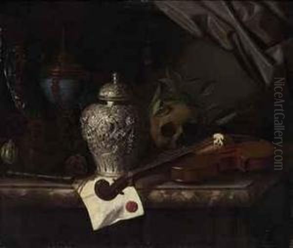 Violin, A Skull Draped With Laurel Branches, A Silver Ginger Jar, Arecorder, A Letter With A Red Seal, A Silver Gilt Hardstone Cup Anda Silver Dish On A Marble Ledge Oil Painting by Pieter Gerritsz. van Roestraten