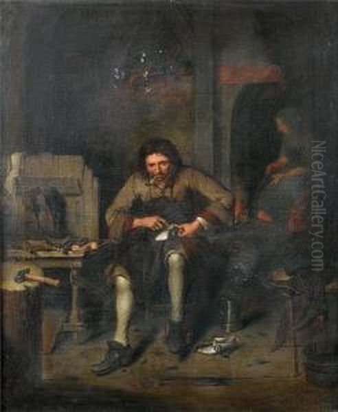 An Interior With A Cobbler At Work Oil Painting by Pieter Gerritsz. van Roestraten