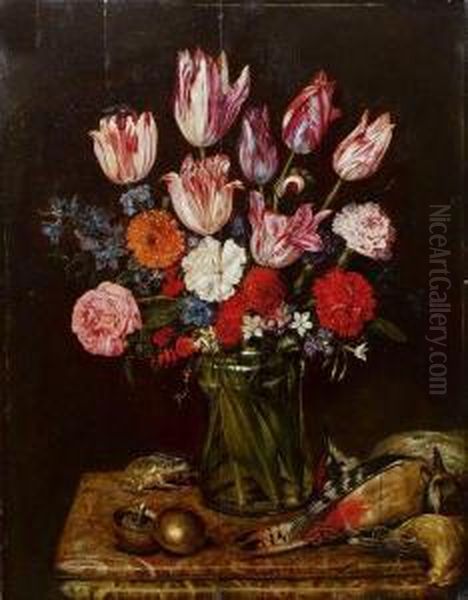 Bouquet De Fleurs Sur Un Entablement Oil Painting by A Van Rooy